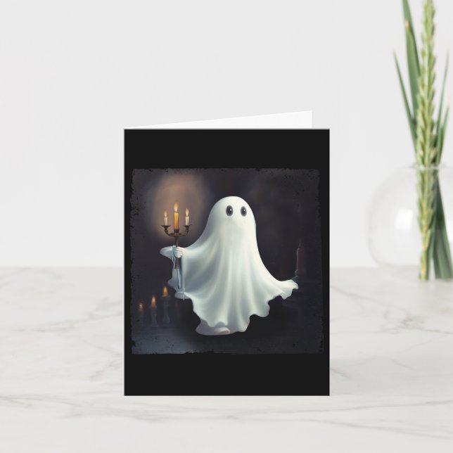 Cute Ghost Holding Candle Funny Halloween Gothic V Kort (Framsida)