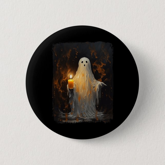 Cute Ghost Holding Candle Roligt Halloween Gothic  Knapp (Framsida)