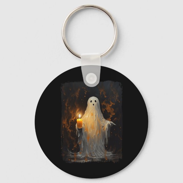 Cute Ghost Holding Candle Roligt Halloween Gothic  Nyckelring (Framsida)