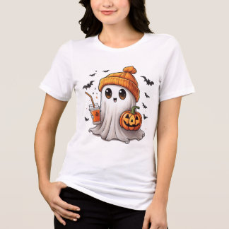 Cute Ghost Holding Pumpkin Halloween T-Shirt - Ado