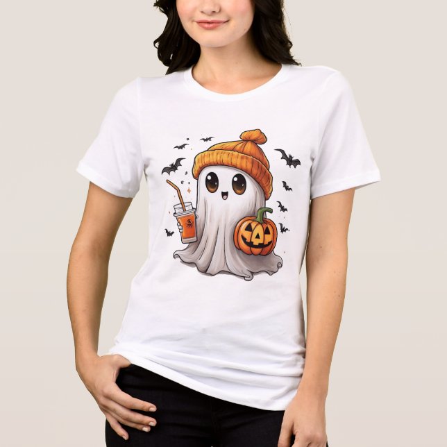 Cute Ghost Holding Pumpkin Halloween T-Shirt - Ado (Framsida)