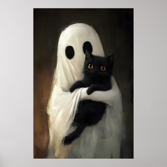 Cute Ghost Hugs Black Cat Print, Digital Halloween Poster (Framsidan)