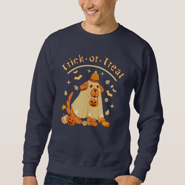 Cute Ghost hund Retro Spooky Season Funny Hallowee Lång Ärmad Tröja (Framsida)