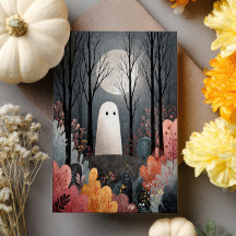 Cute Ghost i Haunted Forest Watercolor Halloween