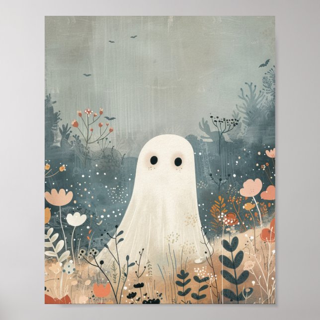 Cute Ghost i Meadows Whimsical Halloween Nursery Poster (Framsidan)