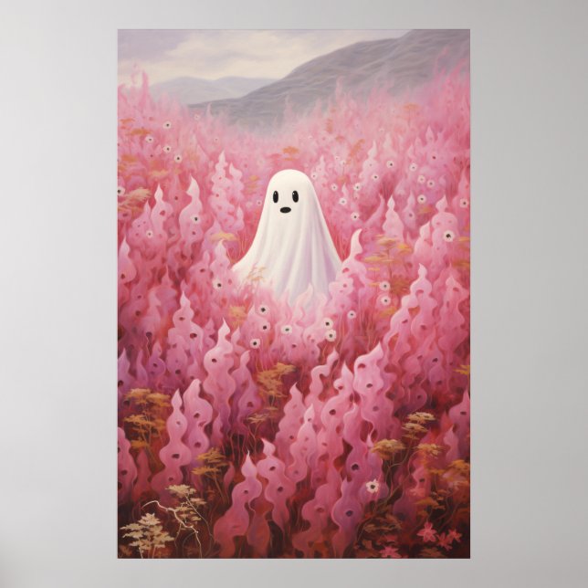 Cute Ghost i Rosa Blommigt Fält Poster (Framsidan)