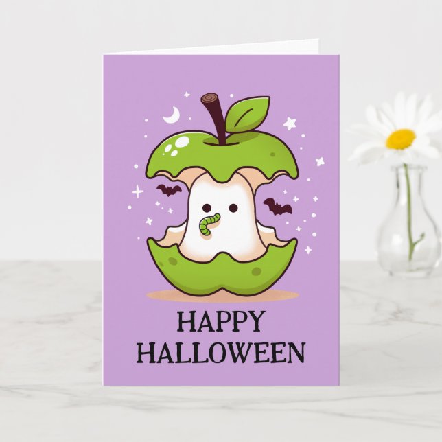 Cute Ghost in Apple with Mask Lila Halloween Kort (Liten växt)
