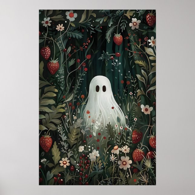 Cute Ghost In Strawberry Meadow Print, Ghost Poster (Framsidan)