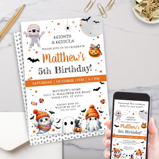 Cute Ghost Kids Boys Halloween Födelsedagsfest Inbjudningar (Personalized halloween birthday party invitations for any age boy girls or costume party invites)