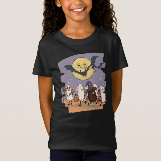 Cute Ghost Kids Bus eller godis under Spooky Måne T Shirt (Framsida)