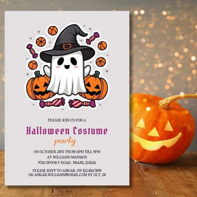 Cute Ghost Kids Halloween Costume Party Inbjudningar (Cute Ghost and Pumpkins | Kids Halloween Costume Party Invitation for Kids)