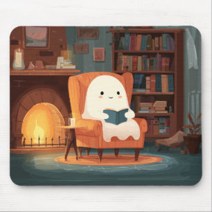 Cute Ghost-läsning av Mysigt Fireplace - Mousepad Musmatta