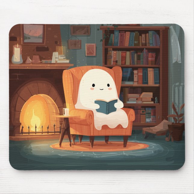 Cute Ghost-läsning av Mysigt Fireplace - Mousepad Musmatta (Framsidan)