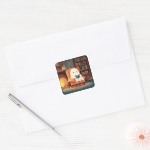 Cute Ghost-läsning med en kamera - Sticker Lakan Fyrkantigt Klistermärke