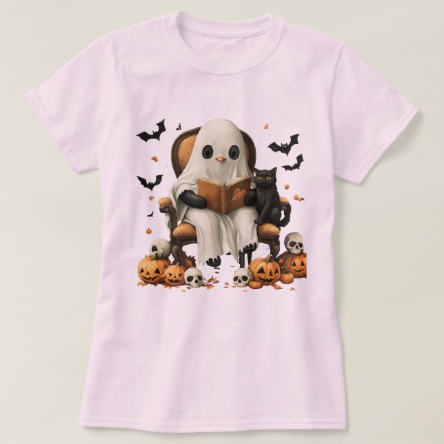 Cute Ghost-läsning med katt T Shirt (Design framsida)