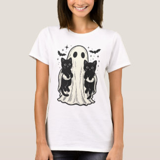 Cute Ghost med Black Cat Halloween, Cat Lover T Shirt