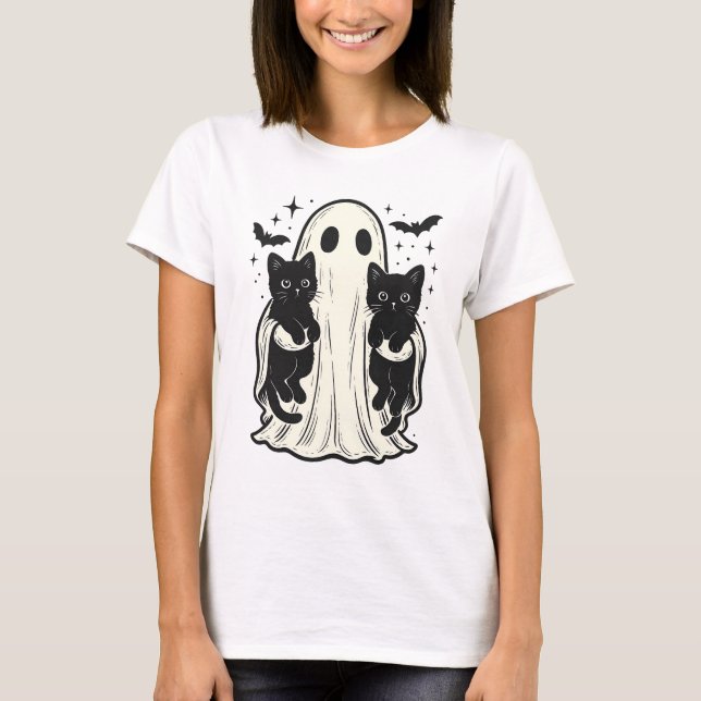 Cute Ghost med Black Cat Halloween, Cat Lover T Shirt (Framsida)