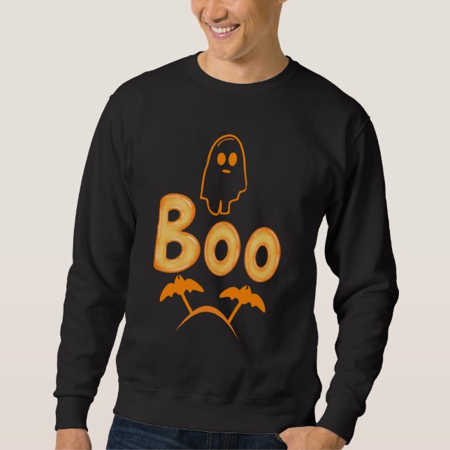 Cute Ghost med "Boo" Typography Halloween Lång Ärmad Tröja (Framsida)