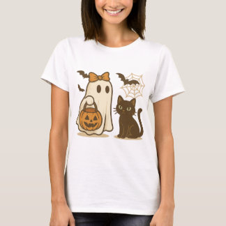 Cute Ghost med Bow and Black Cat - Spooky Kawaii T Shirt