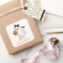 Cute Ghost med Bow and Pumpkin | Halloween