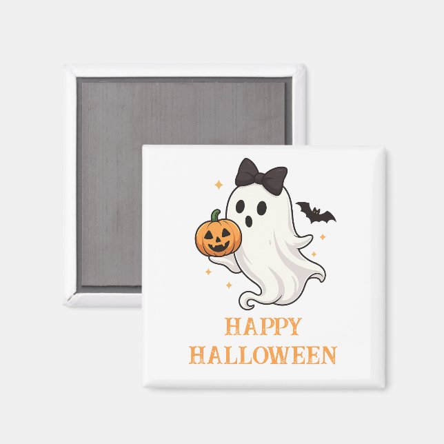 Cute Ghost med Bow and Pumpkin | Halloween Magnet (Front/Back)