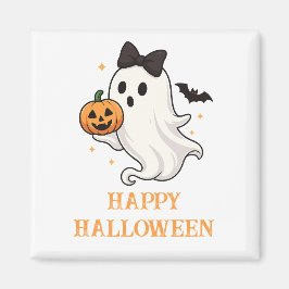 Cute Ghost med Bow and Pumpkin | Halloween Magnet
