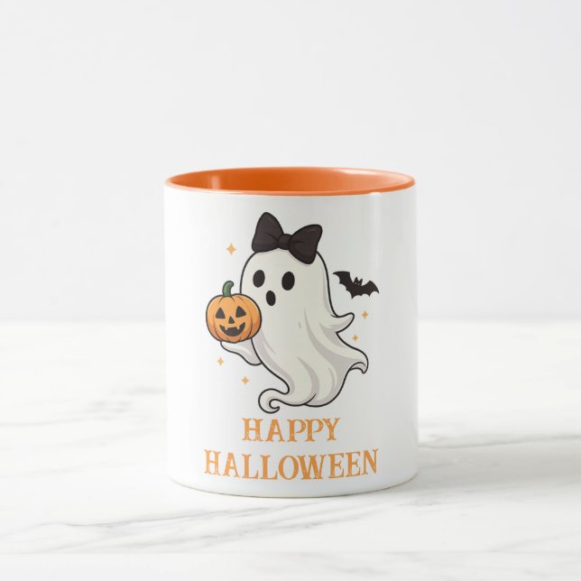 Cute Ghost med Bow and Pumpkin | Halloween Mugg (Center)