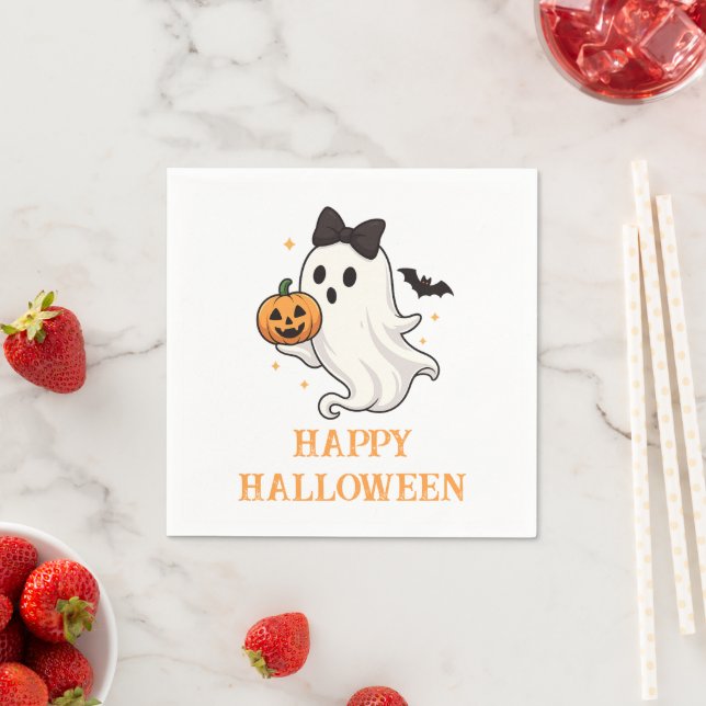 Cute Ghost med Bow and Pumpkin | Halloween Pappersservett (Insitu)