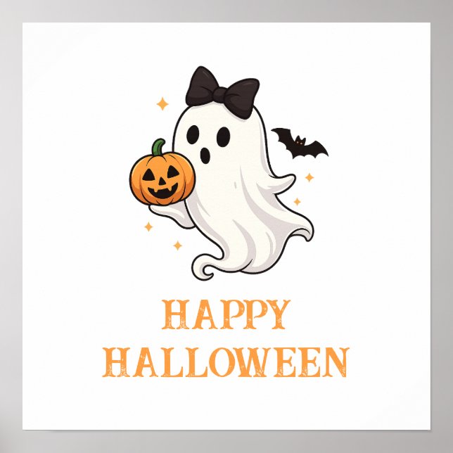Cute Ghost med Bow and Pumpkin | Halloween Poster (Framsidan)