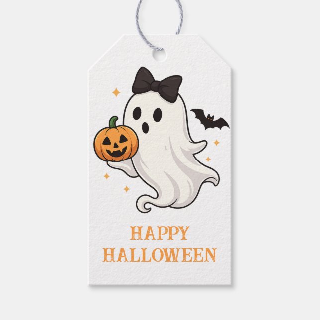 Cute Ghost med Bow and Pumpkin | Halloween Presentetikett (Framsidan)