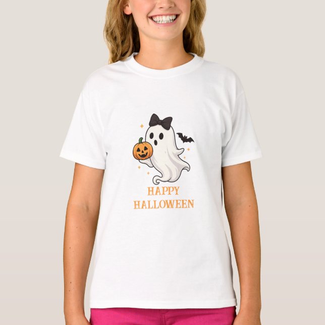 Cute Ghost med Bow and Pumpkin | Halloween T Shirt (Framsida)