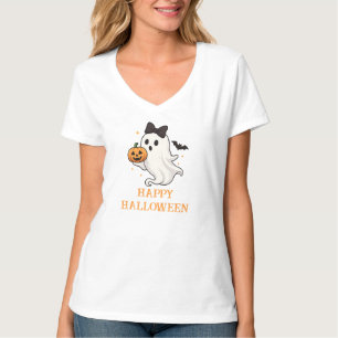 Cute Ghost med Bow and Pumpkin Halloween T Shirt