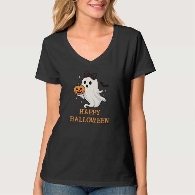 Cute Ghost med Bow and Pumpkin | Halloween T Shirt (Framsida)