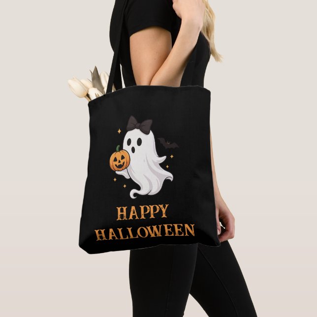 Cute Ghost med Bow and Pumpkin | Halloween Tygkasse (Närbild)