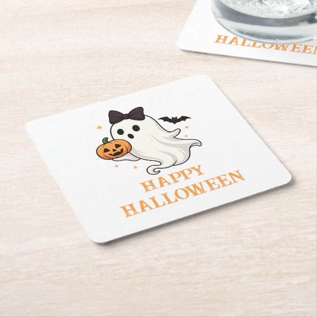 Cute Ghost med Bow and Pumpkin | Halloween Underlägg Papper Kvadrat (Vinklad)