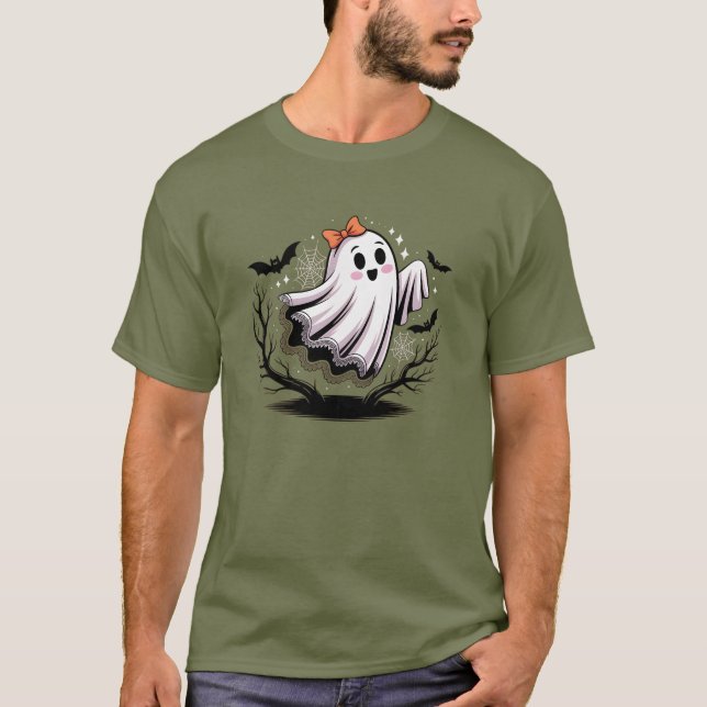 Cute Ghost med Bow Snöre - Spooky Halloween T Shirt (Framsida)