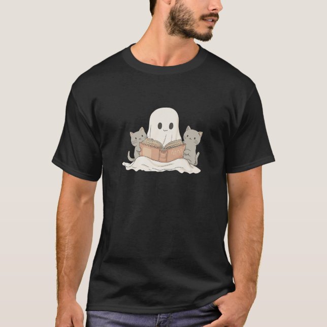 Cute Ghost med Cats Reading a Bok Cat Lover Bok T Shirt (Framsida)
