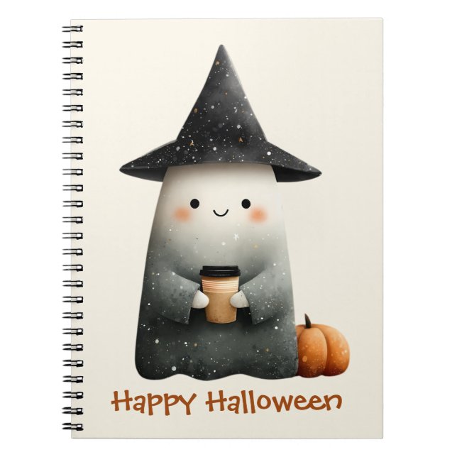 Cute Ghost med Coffee Halloween Anteckningsbok (Framsidan)