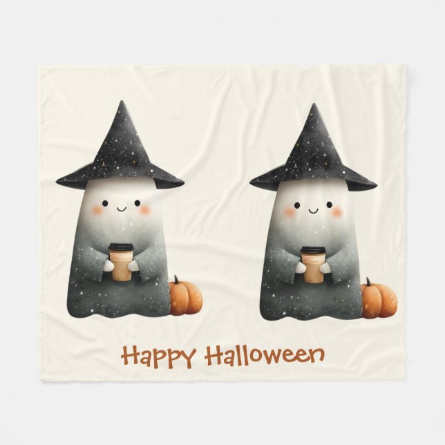 Cute Ghost med Coffee Halloween Fleecefilt (Framsidan (Horisontell))