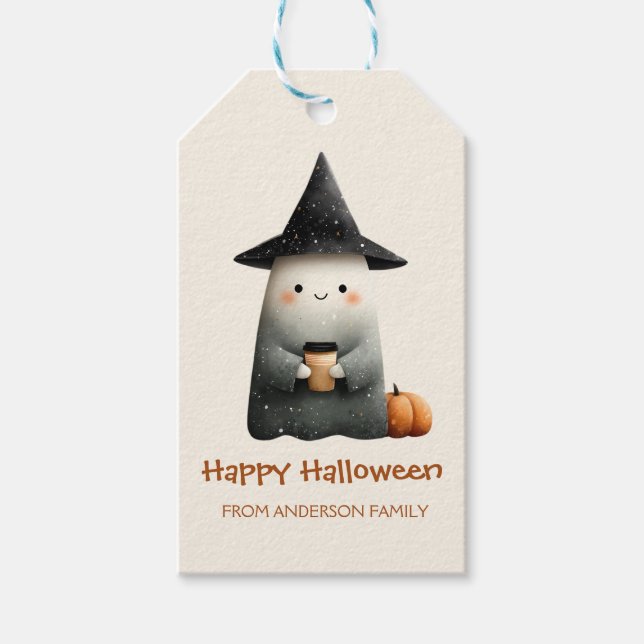 Cute Ghost med Coffee Halloween Presentetikett (Framsidan)
