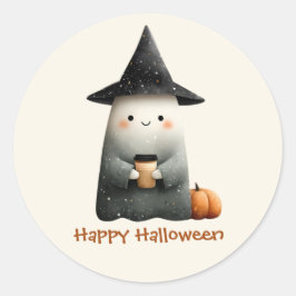 Cute Ghost med Coffee Halloween Runt Klistermärke