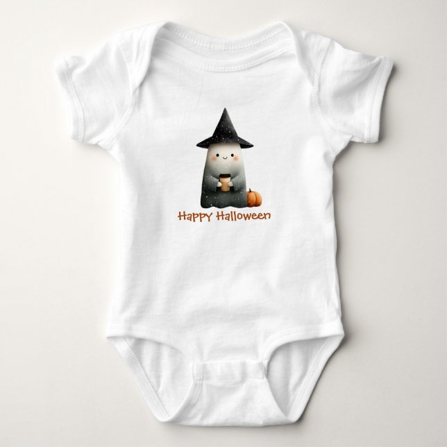 Cute Ghost med Coffee Halloween T Shirt (Framsida)