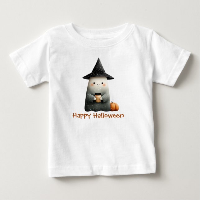 Cute Ghost med Coffee Halloween T Shirt (Framsida)