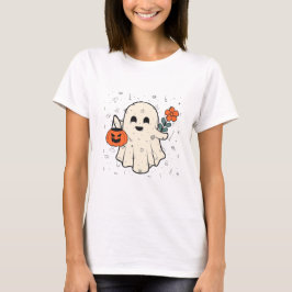 Cute Ghost med Flower & Pumpkin Halloween T Shirt