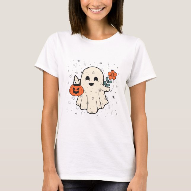 Cute Ghost med Flower & Pumpkin Halloween T Shirt (Framsida)