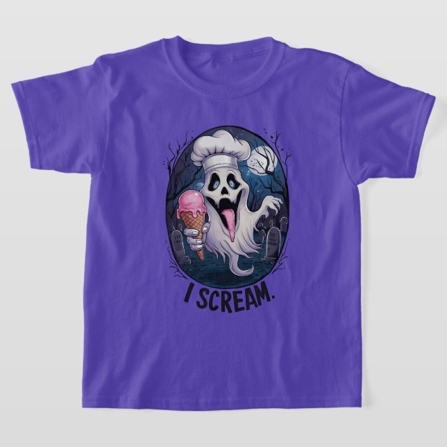 Cute Ghost med Ice Cream Halloween T Shirt (Laydown)
