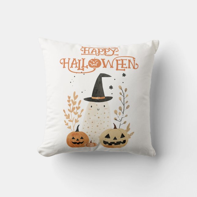 Cute Ghost med Jack—o-Lantern Pumpkins Halloween Kudde (Framsida)