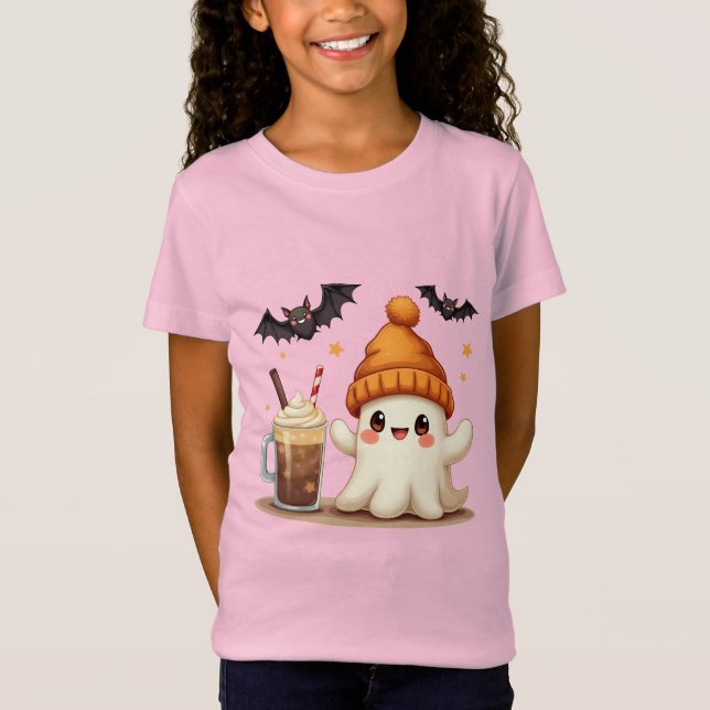 Cute Ghost med kaffe och Fladdermus Halloween T Shirt (Framsida)