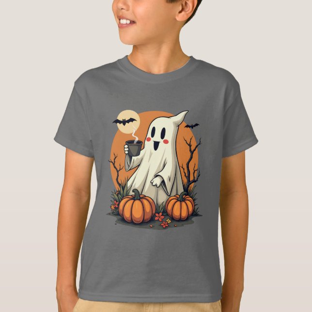 Cute Ghost med kaffe och Pumpkins Halloween T Shirt (Framsida)