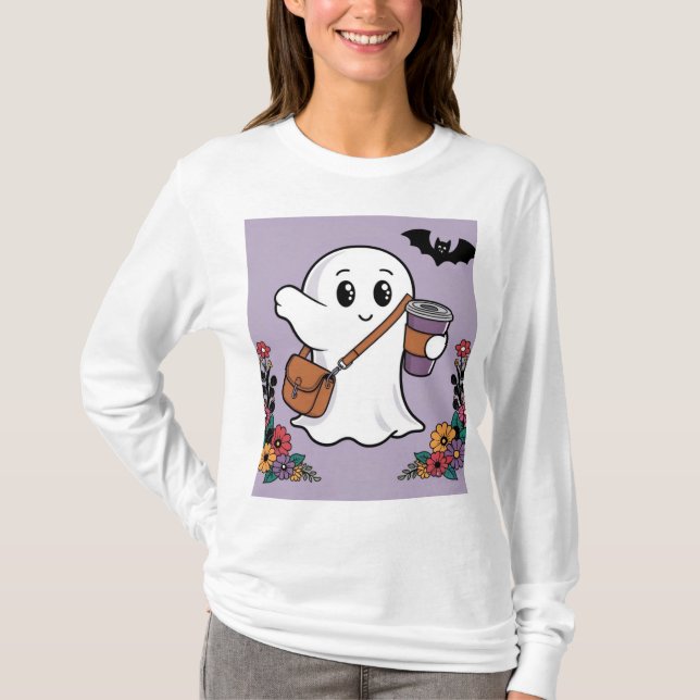 Cute Ghost med kaffe och Snyggt Bag T Shirt (Framsida)